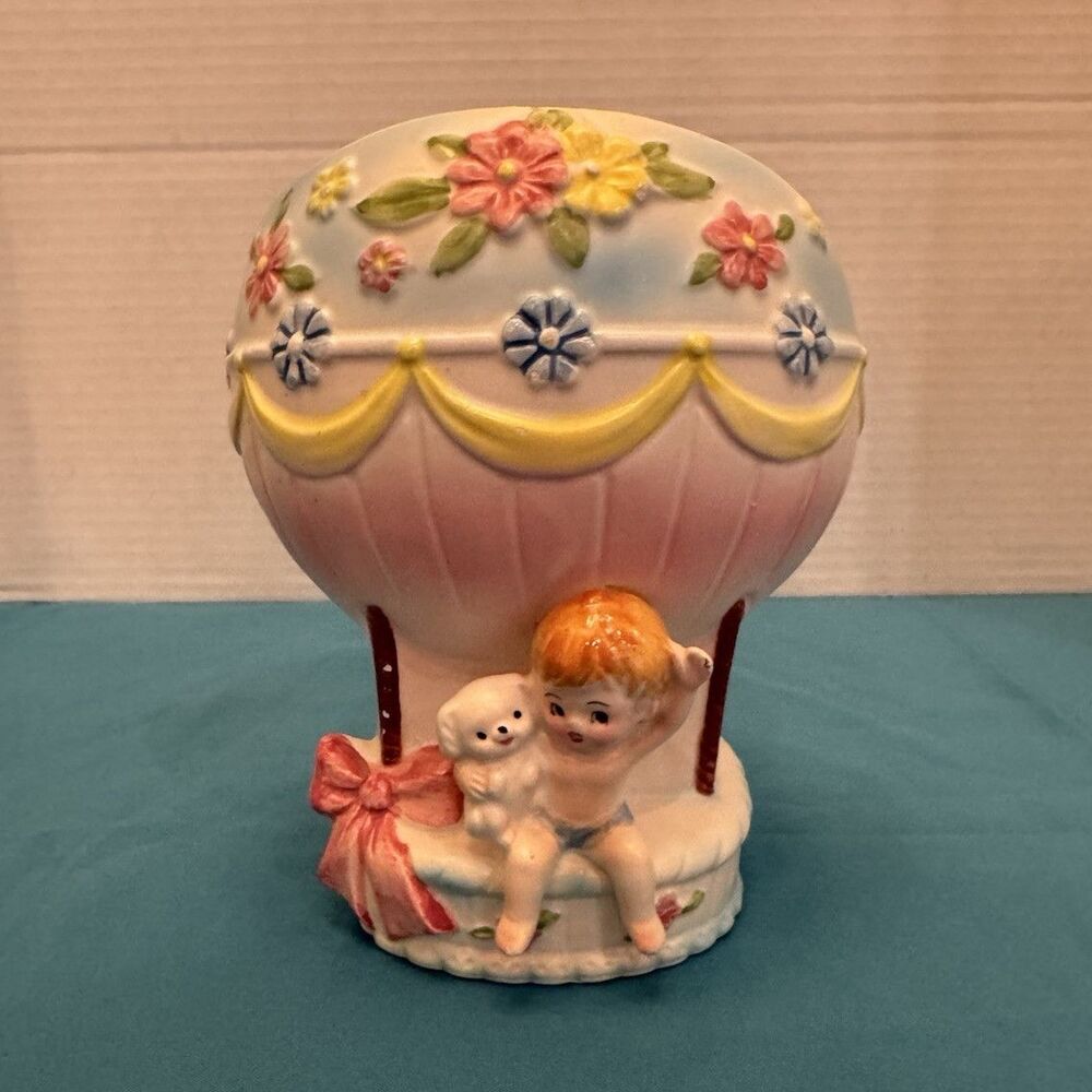 Vintage Napcoware Ceramic Hot Air Balloon Baby & Puppy Nursery Planter